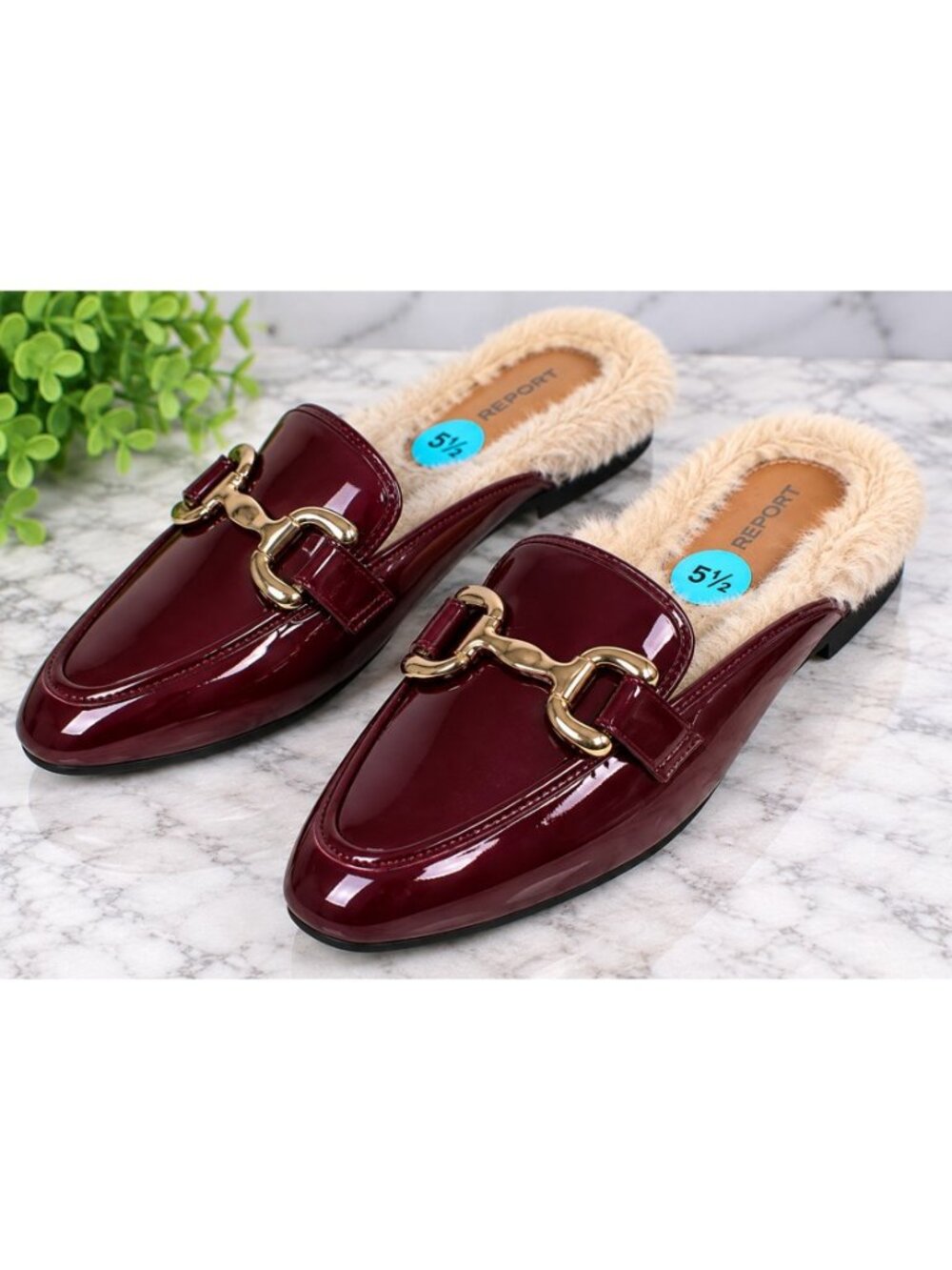 Report Women’s Red Patent Faux Fur Lined Mule Loafers Gold Bit Size 5.5 NWOT